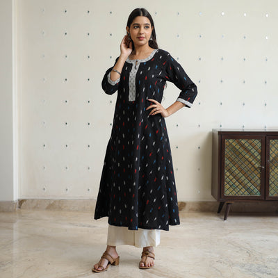 Black - Pochampally Ikat Weave Cotton A-Line Kurta with Jacquard Patchwork 26