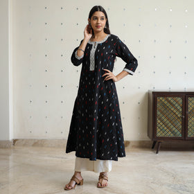 Black - Pochampally Ikat Weave Cotton A-Line Kurta with Jacquard Patchwork 26