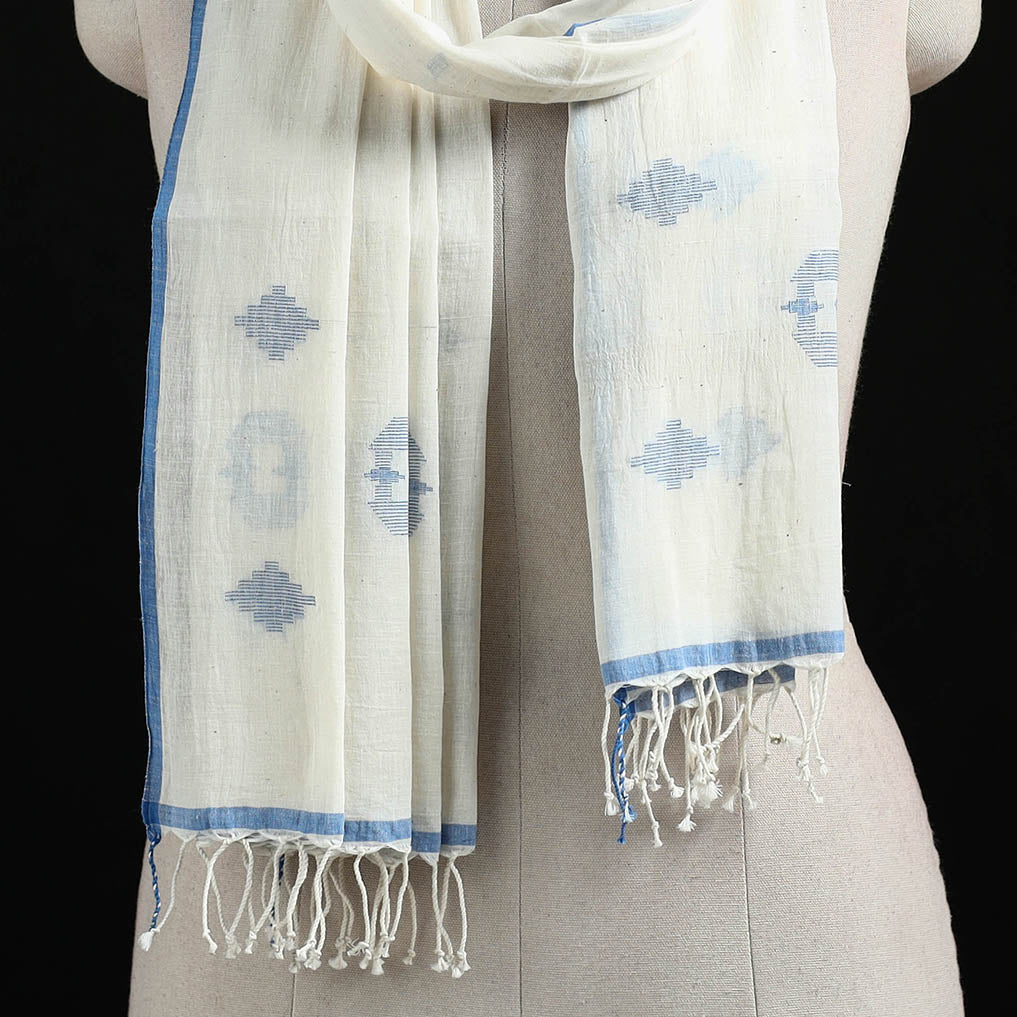 White - Burdwan Jamdani Handloom Cotton Stole with Tassels 10