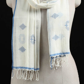 White - Burdwan Jamdani Handloom Cotton Stole with Tassels 10