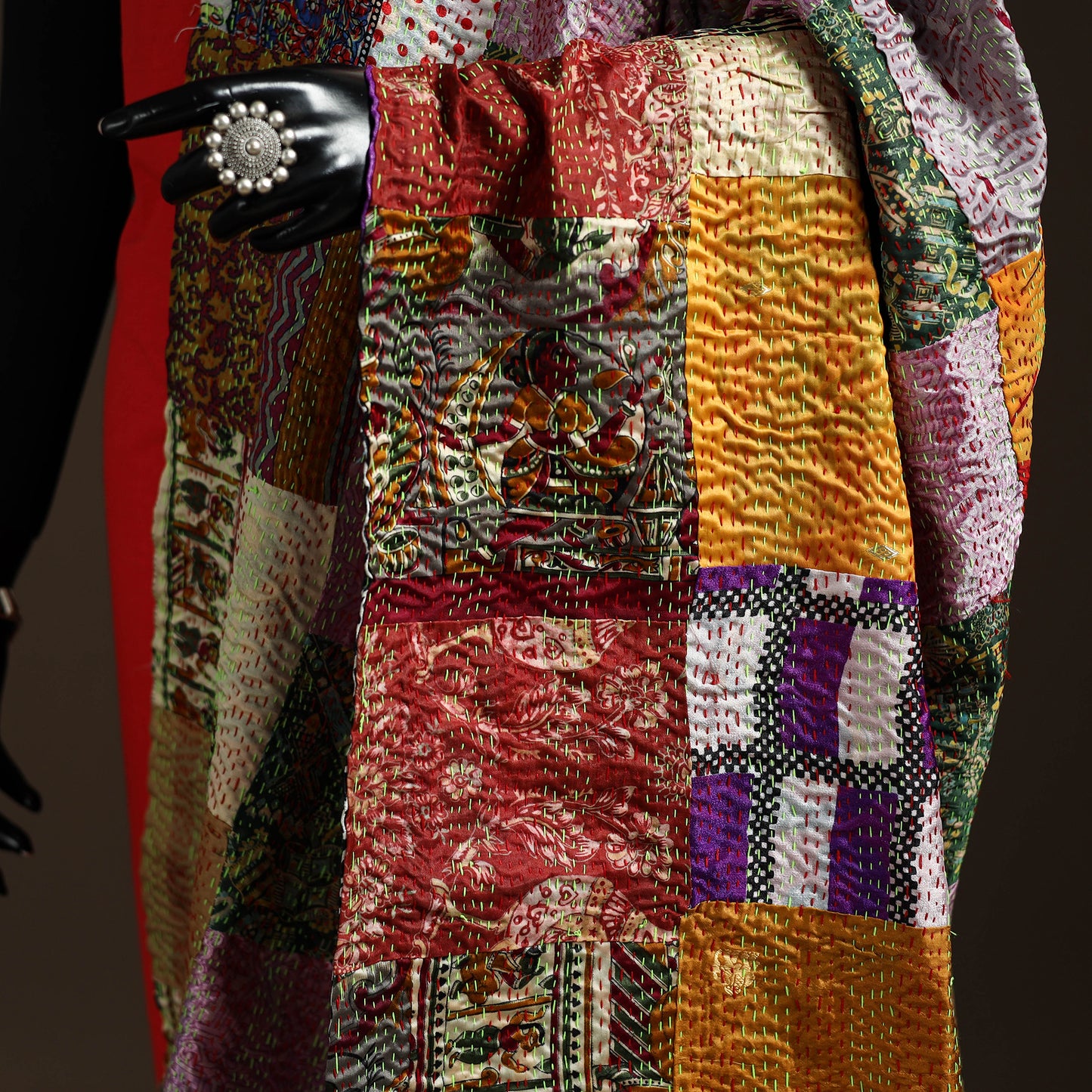 Multicolor - Bengal Hand Embroidery Patchwork Reversible Silk Kantha Dupatta 36