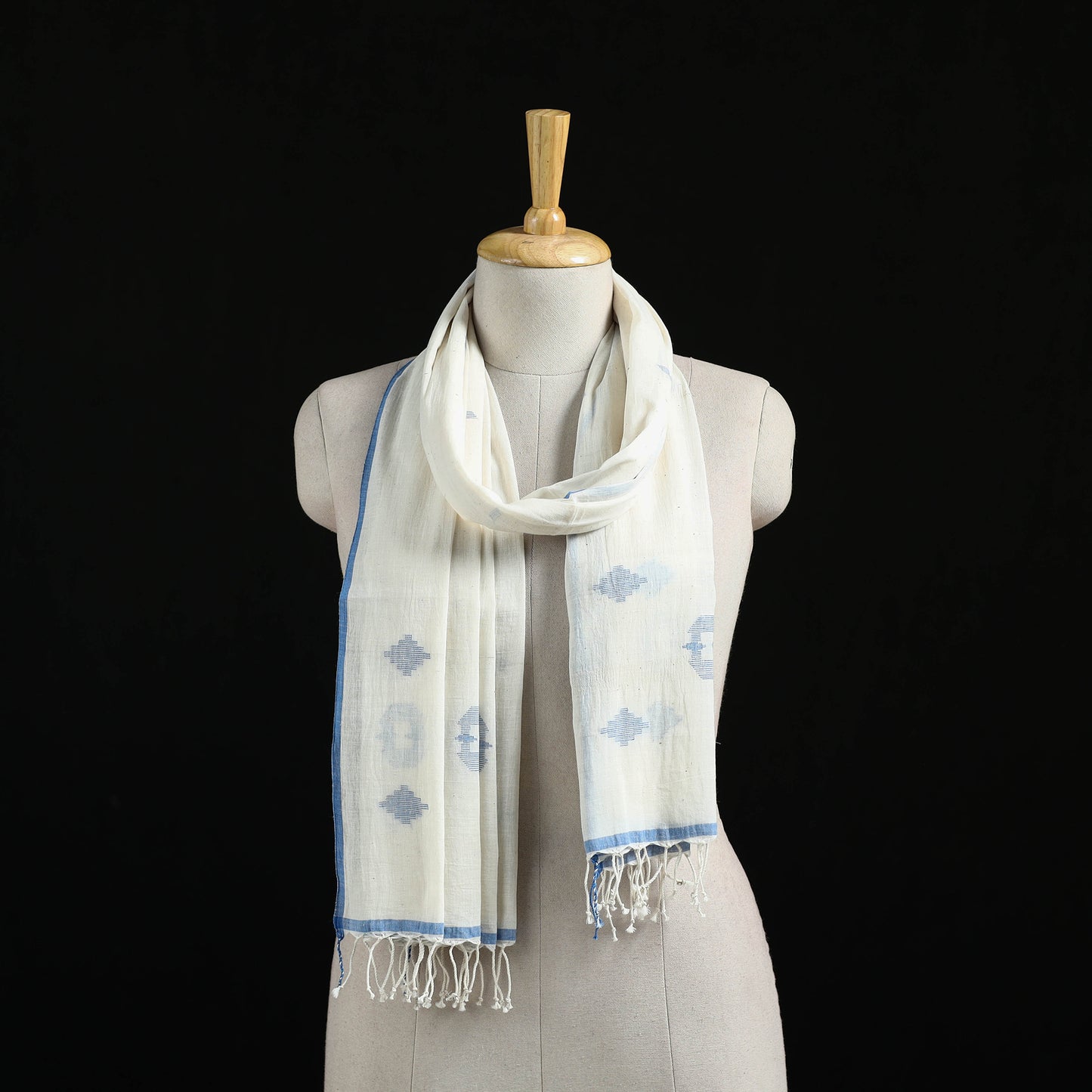 White - Burdwan Jamdani Handloom Cotton Stole with Tassels 10