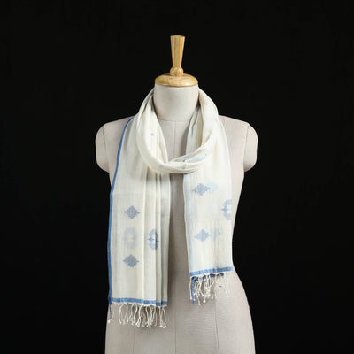 White - Burdwan Jamdani Handloom Cotton Stole with Tassels 10