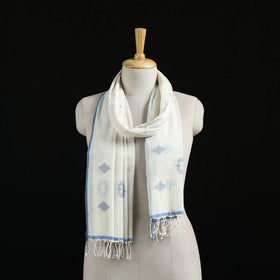 White - Burdwan Jamdani Handloom Cotton Stole with Tassels 10