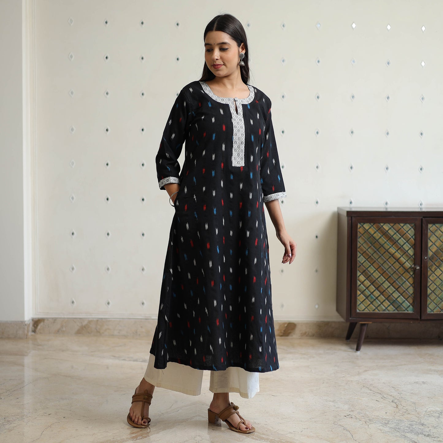 Black - Pochampally Ikat Weave Cotton A-Line Kurta with Jacquard Patchwork 26