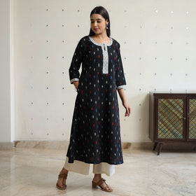 Black - Pochampally Ikat Weave Cotton A-Line Kurta with Jacquard Patchwork 26