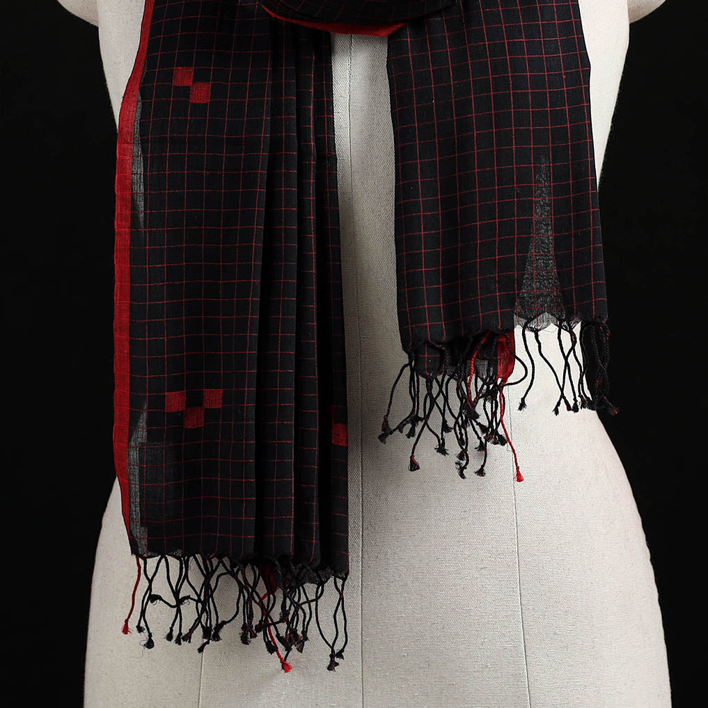 Black - Burdwan Jamdani Handloom Cotton Stole with Tassels 11