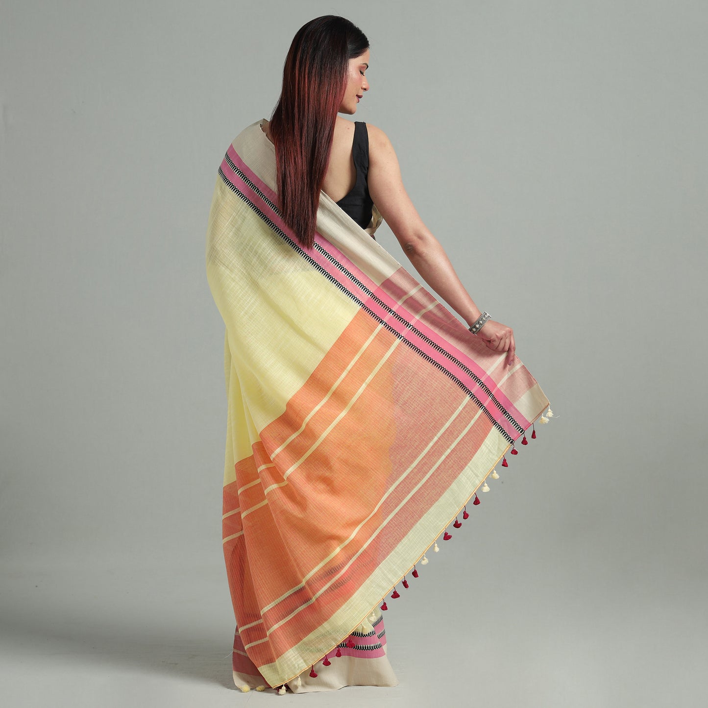 Yellow - Bengal Woven Border Handloom Pure Cotton Saree 32