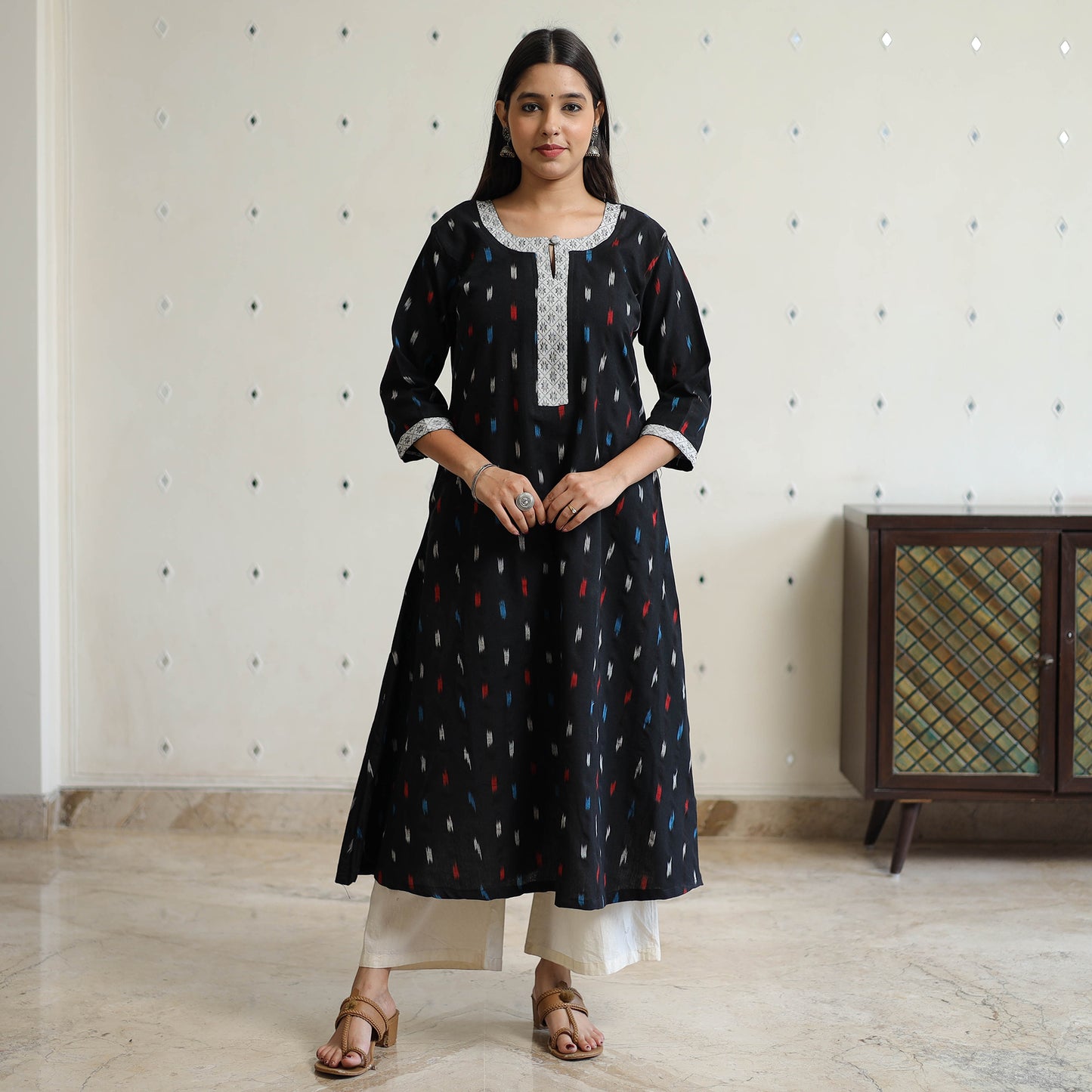 Black - Pochampally Ikat Weave Cotton A-Line Kurta with Jacquard Patchwork 26