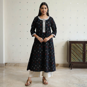 Black - Pochampally Ikat Weave Cotton A-Line Kurta with Jacquard Patchwork 26
