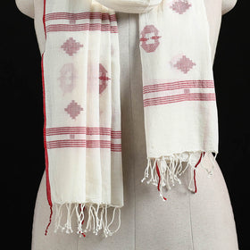 White - Burdwan Jamdani Handloom Cotton Stole with Tassels 12