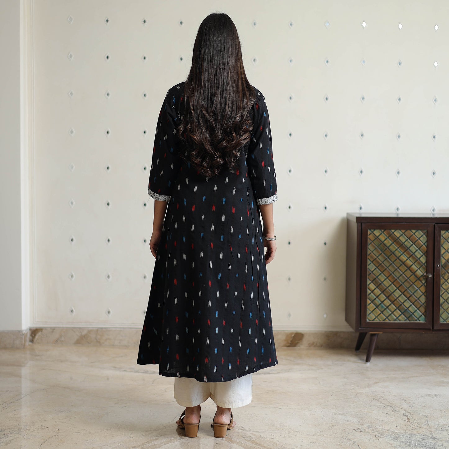 Black - Pochampally Ikat Weave Cotton A-Line Kurta with Jacquard Patchwork 26