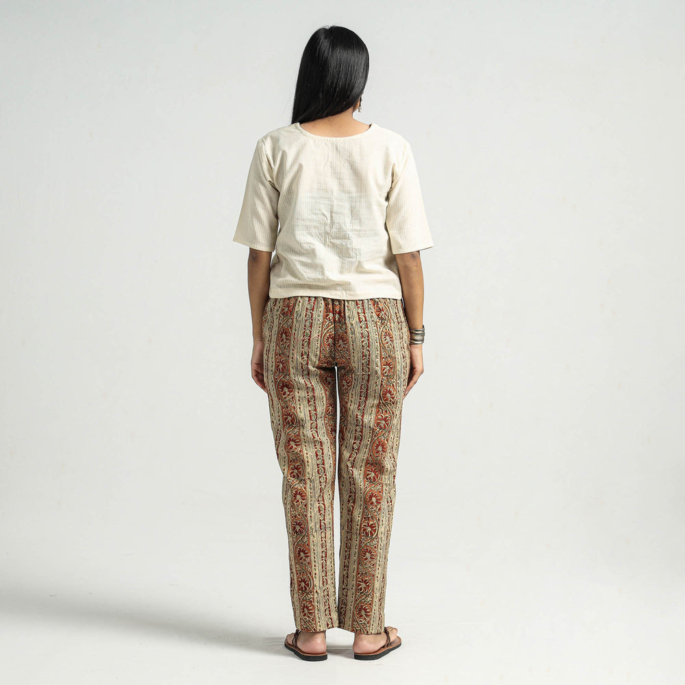 Beige - Kalamkari Block Printed Cotton Elasticated Pant