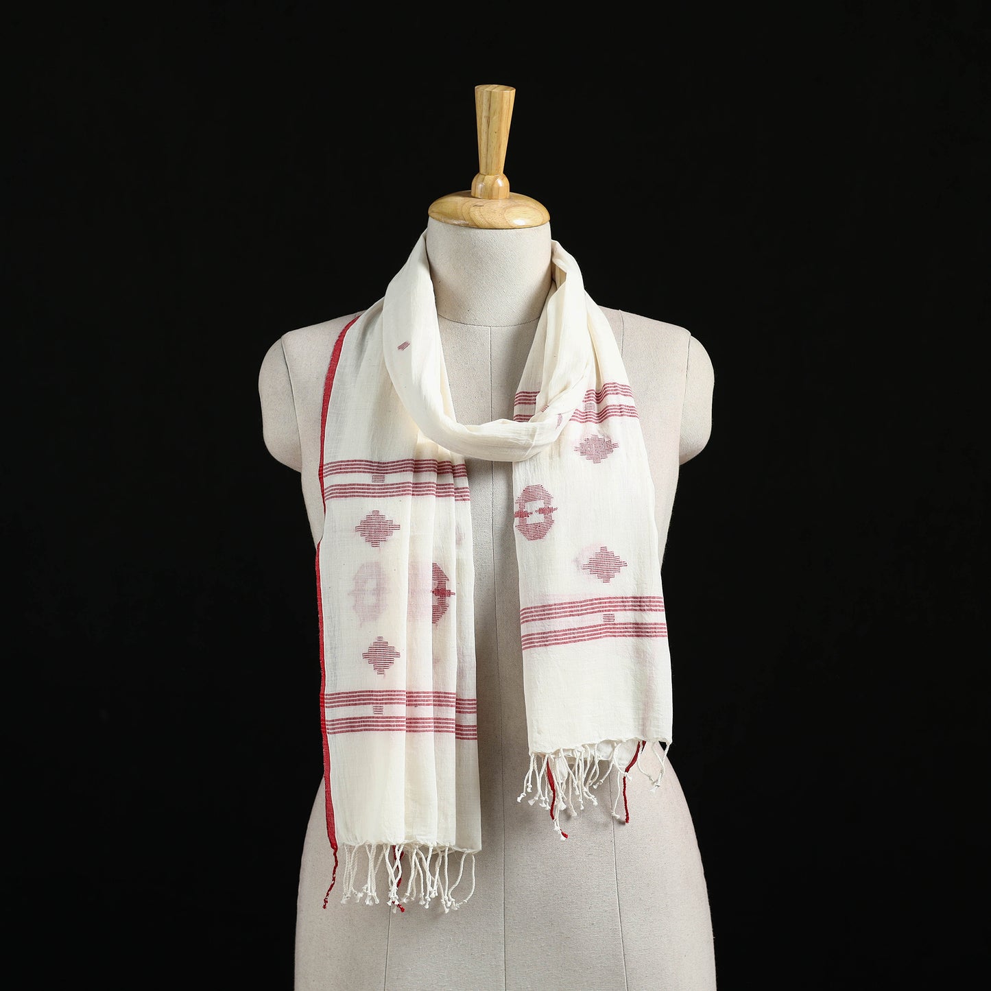 White - Burdwan Jamdani Handloom Cotton Stole with Tassels 12