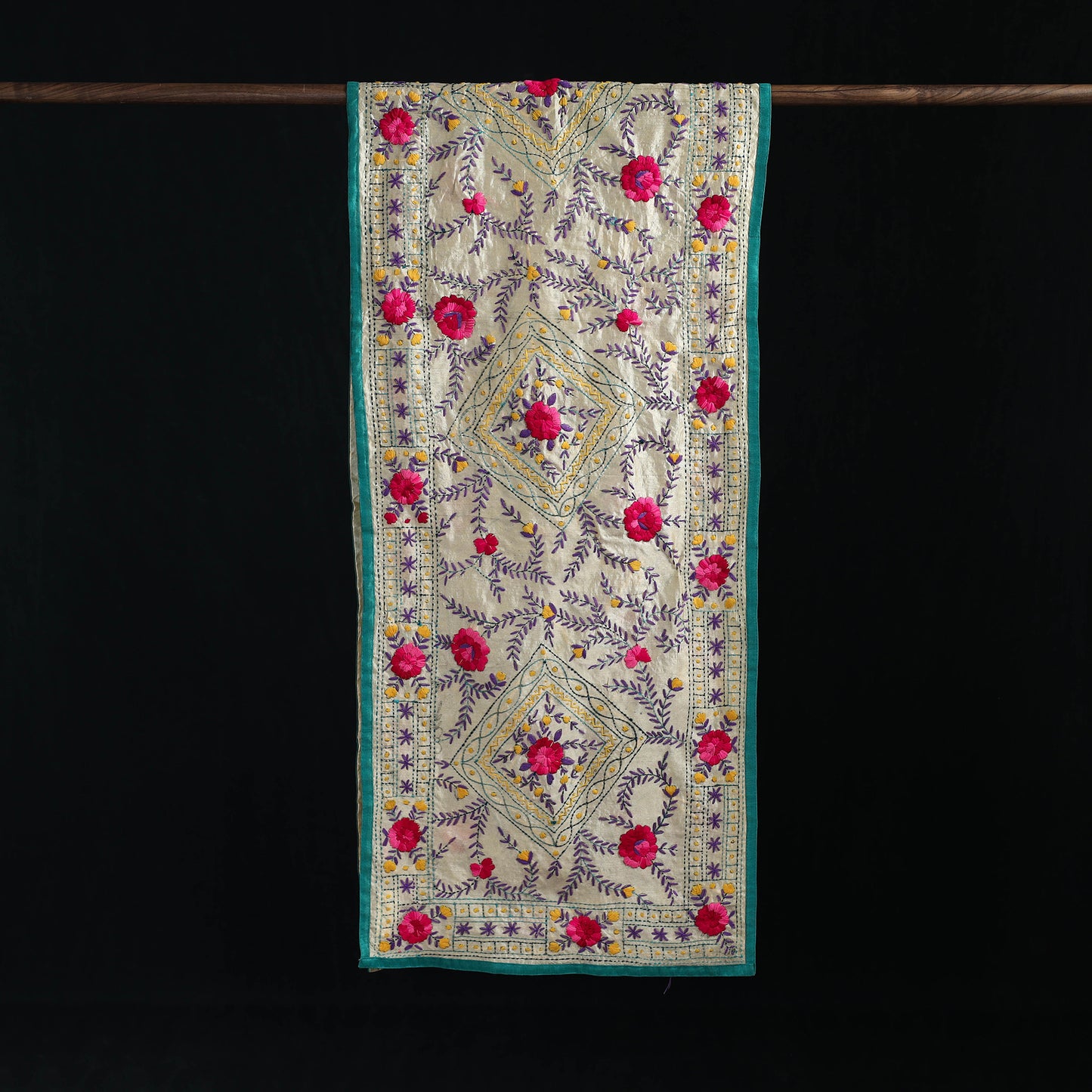 Beige - Ranihati Chanderi Silk Hand Embroidered Stole 08