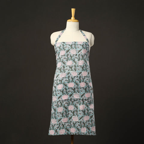 Blue - sanganeri cotton apron with pocket 01 - handcrafted
