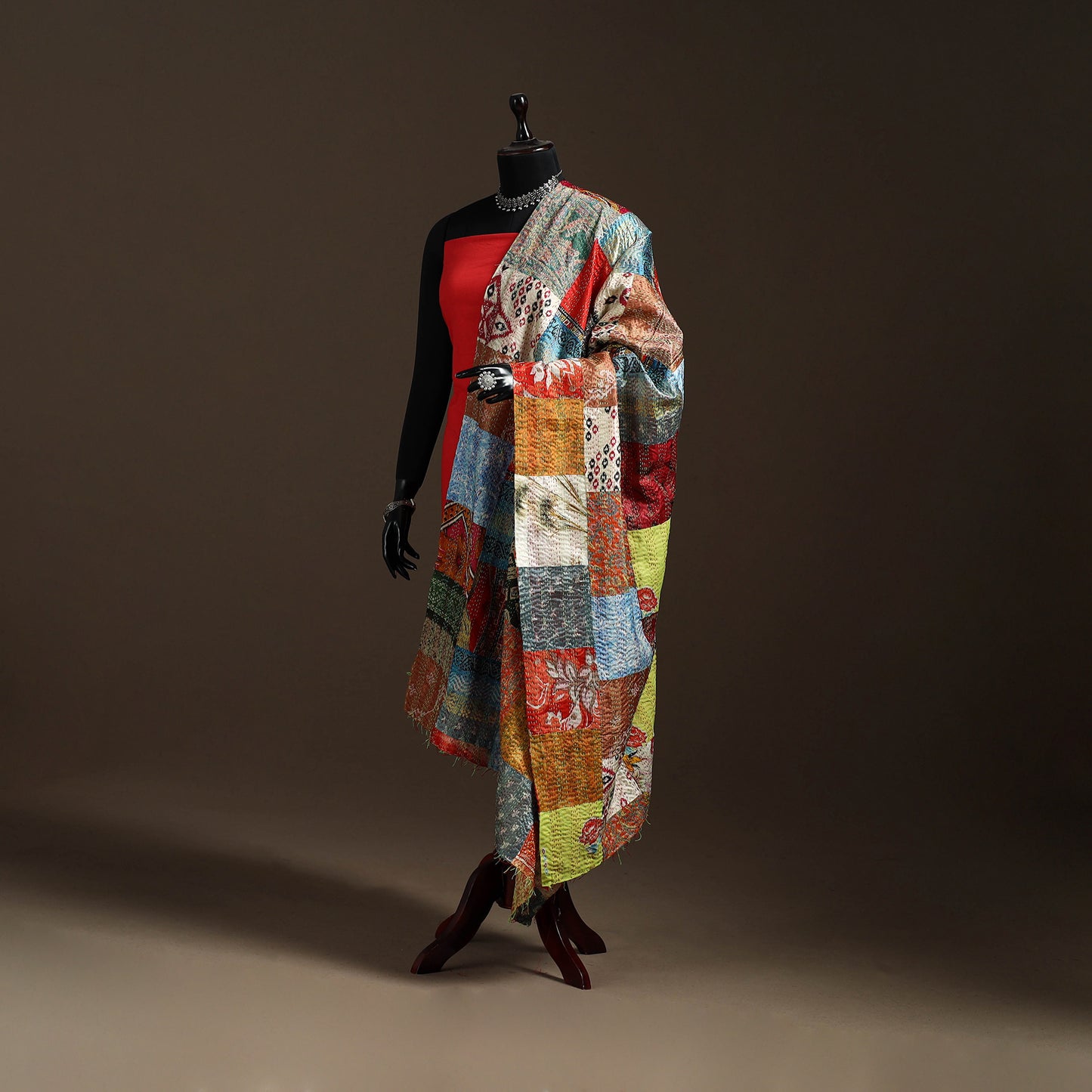 Multicolor - Bengal Hand Embroidery Patchwork Reversible Silk Kantha Dupatta 37