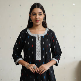 Black - Pochampally Ikat Weave Cotton A-Line Kurta with Jacquard Patchwork 26