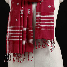 Maroon - Burdwan Jamdani Handloom Cotton Stole with Tassels 14