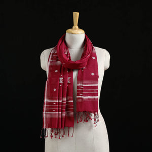 Maroon - Burdwan Jamdani Handloom Cotton Stole with Tassels 14