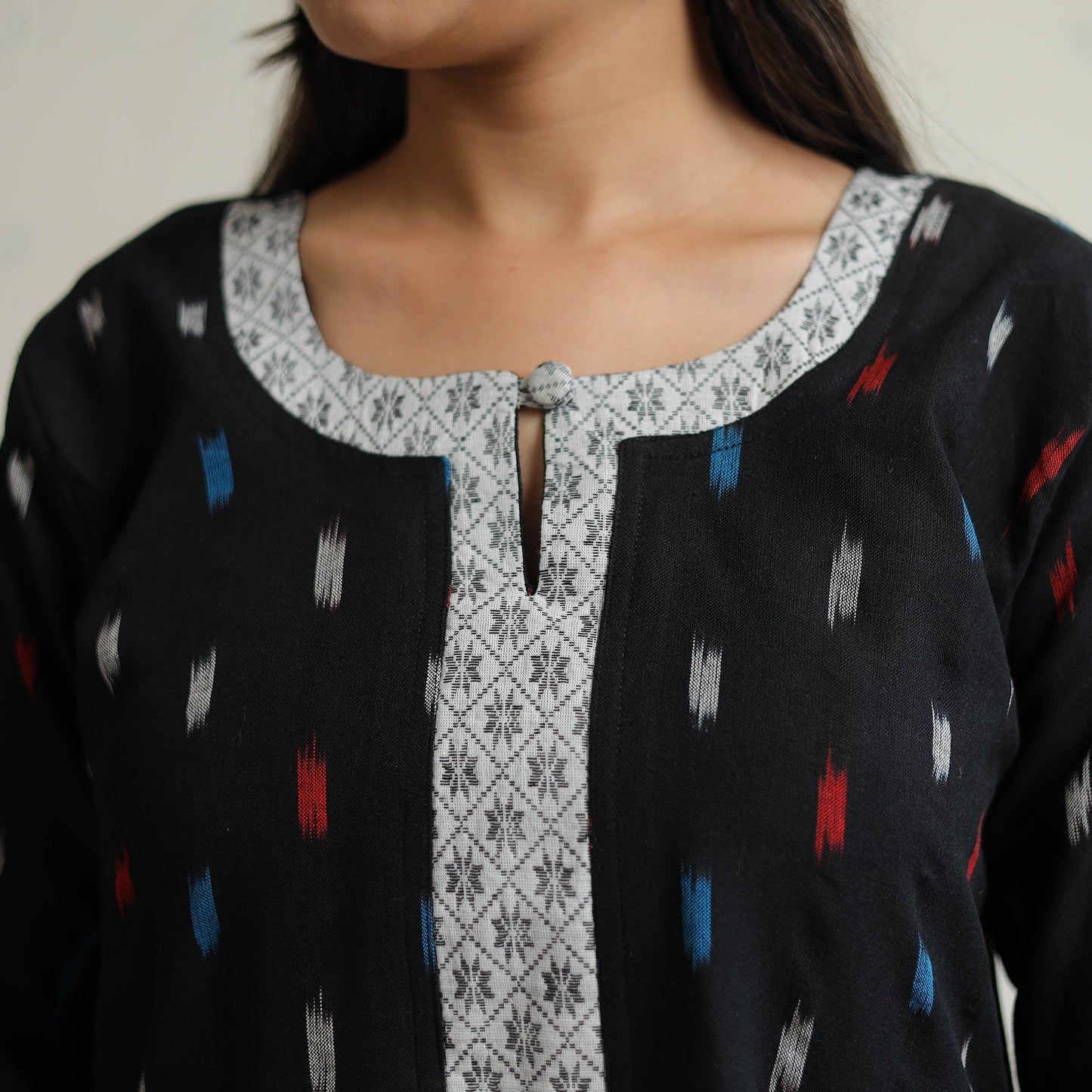 Black - Pochampally Ikat Weave Cotton A-Line Kurta with Jacquard Patchwork 26
