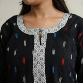 Black - Pochampally Ikat Weave Cotton A-Line Kurta with Jacquard Patchwork 26