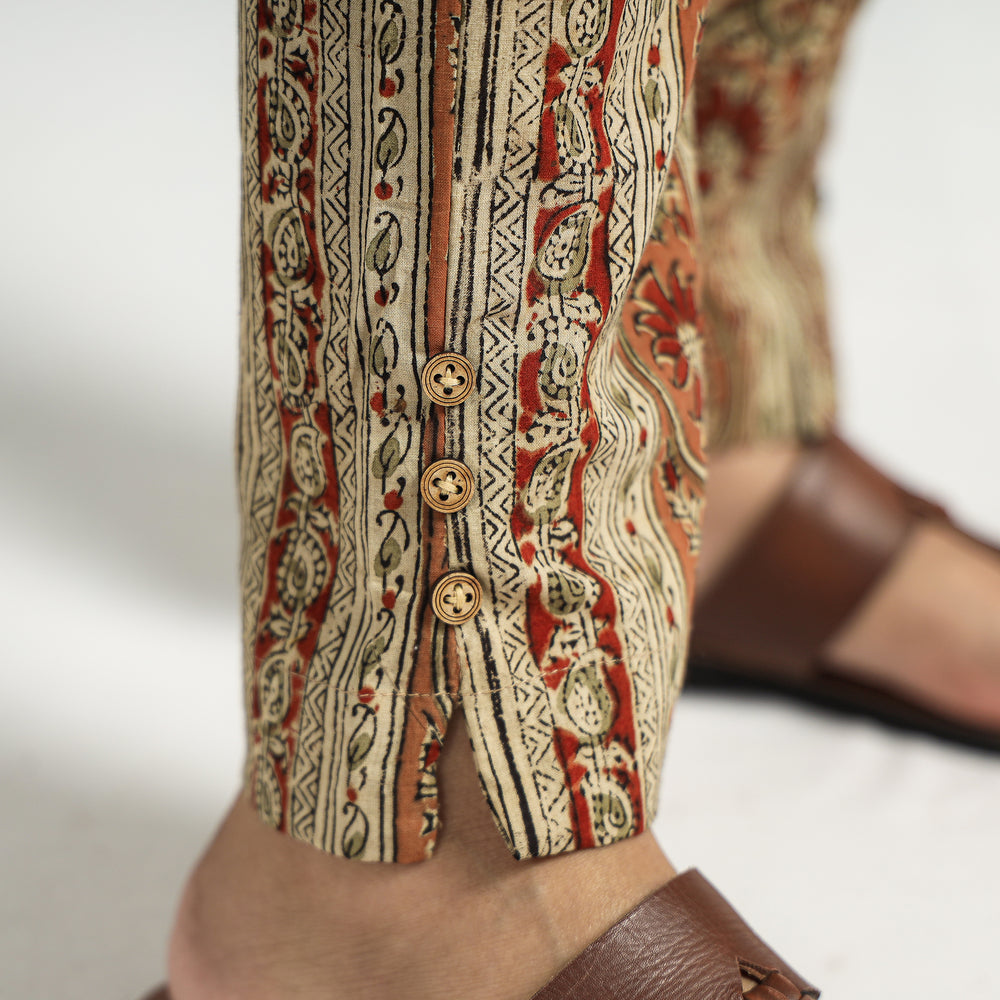 Beige - Kalamkari Block Printed Cotton Elasticated Pant