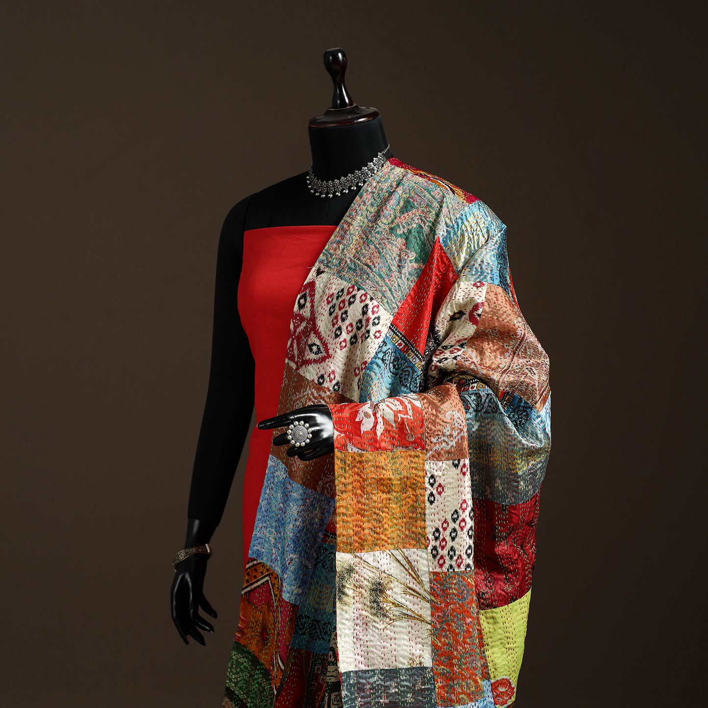 Multicolor - Bengal Hand Embroidery Patchwork Reversible Silk Kantha Dupatta 37