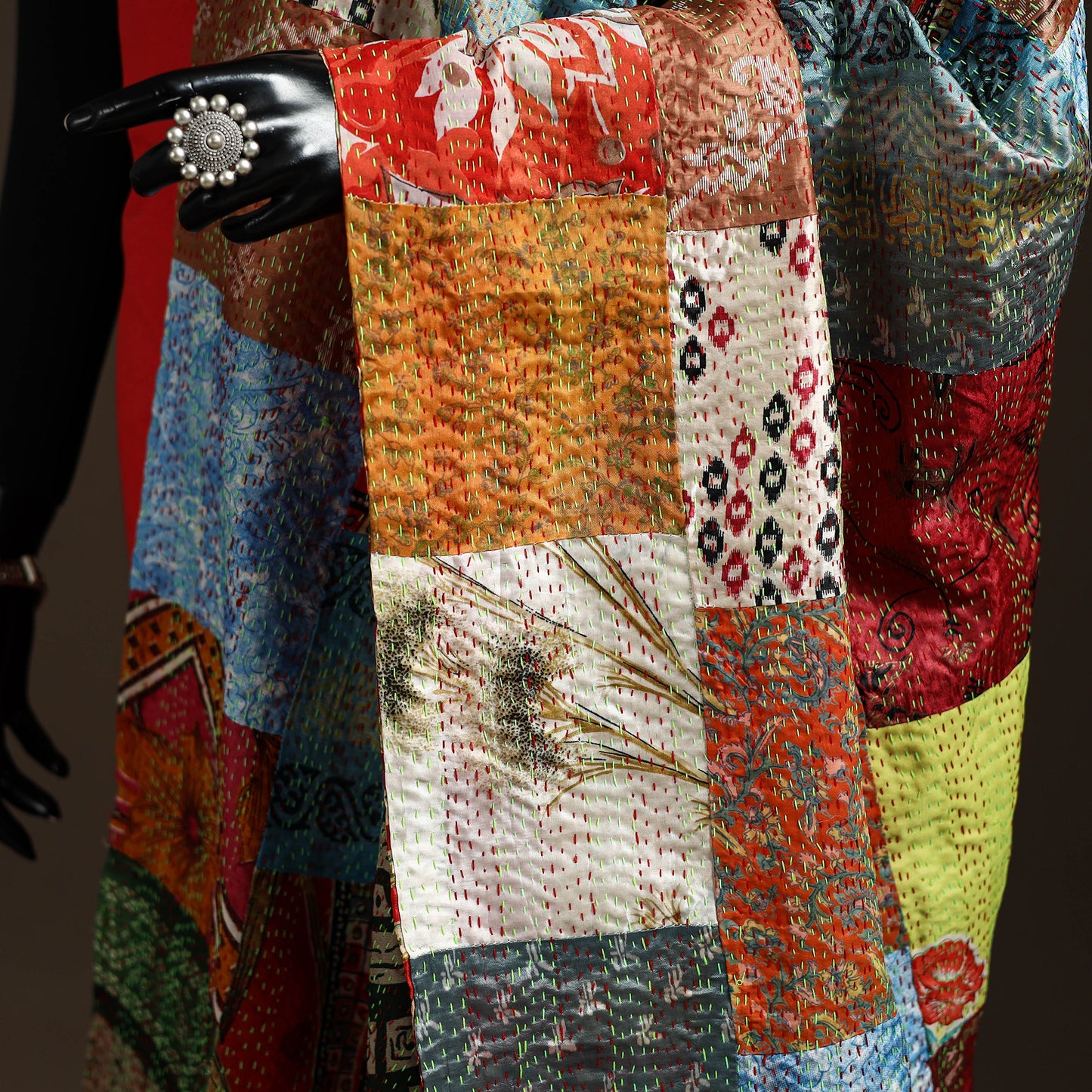 Multicolor - Bengal Hand Embroidery Patchwork Reversible Silk Kantha Dupatta 37