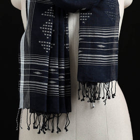 Blue - Burdwan Jamdani Handloom Cotton Stole with Tassels 16