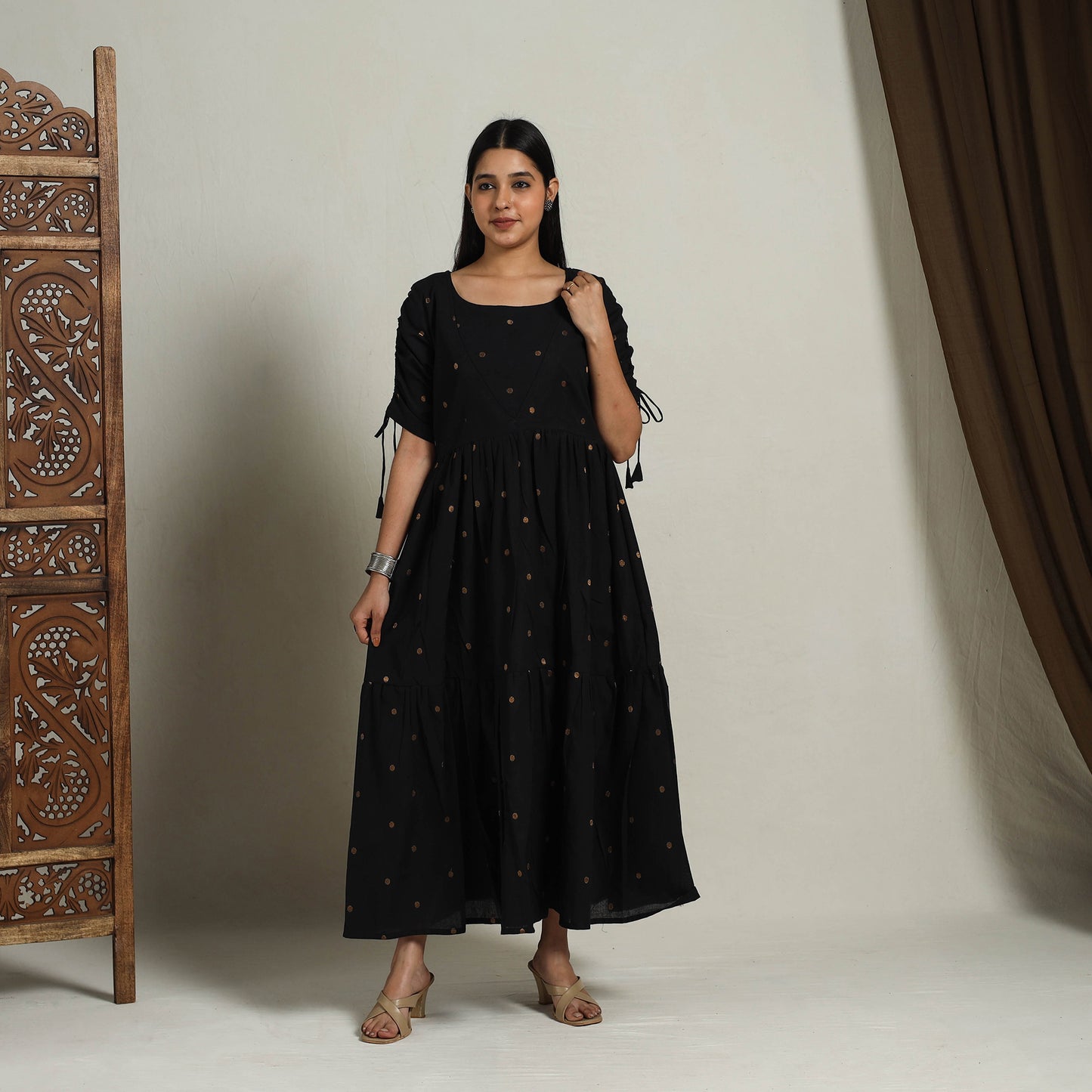 Buy Tiered Fit & Flare Cotton Black Jacquard Dress Online