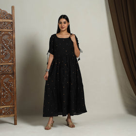 Buy Tiered Fit & Flare Cotton Black Jacquard Dress Online