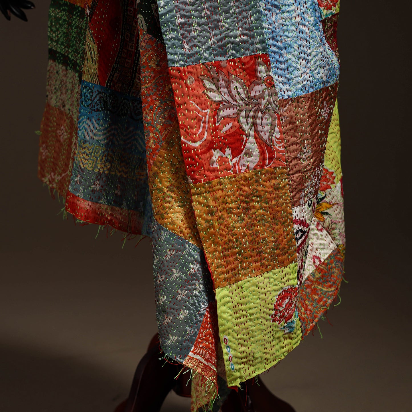 Multicolor - Bengal Hand Embroidery Patchwork Reversible Silk Kantha Dupatta 37