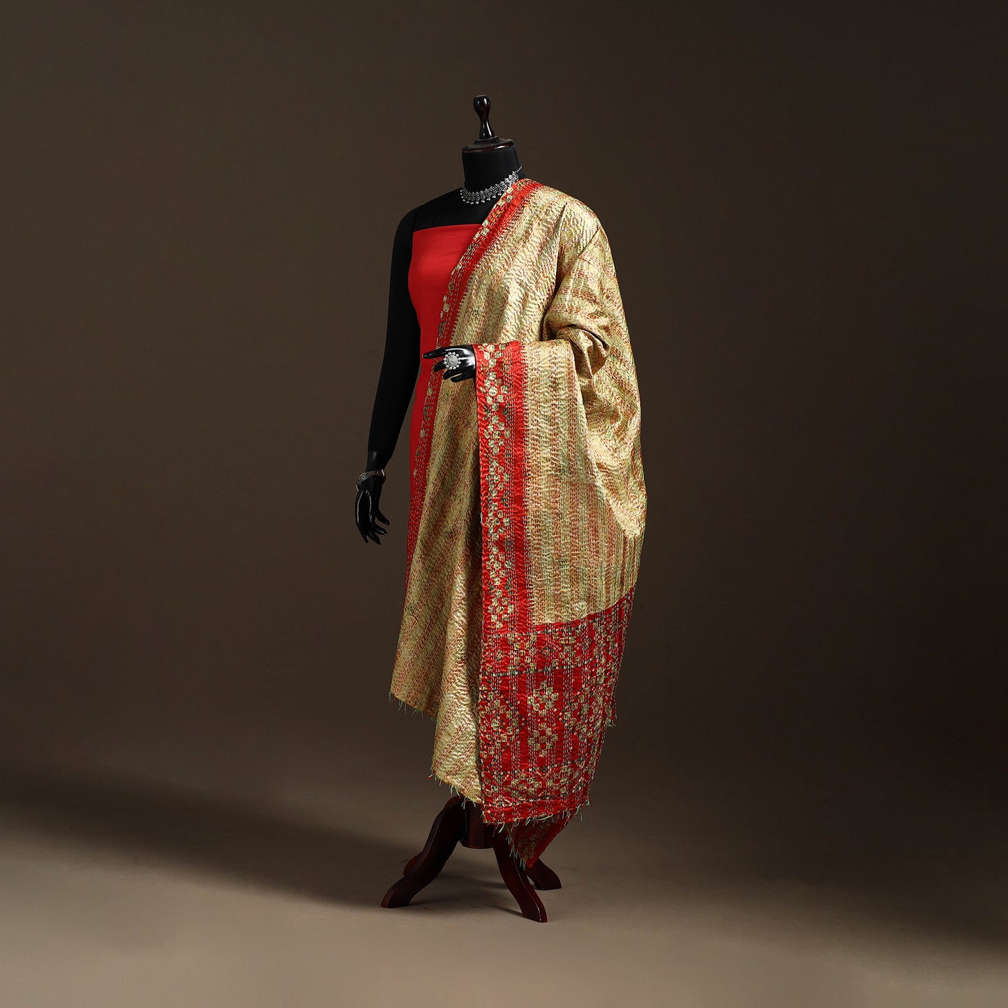 Multicolor - Bengal Hand Embroidery Patchwork Reversible Silk Kantha Dupatta 37