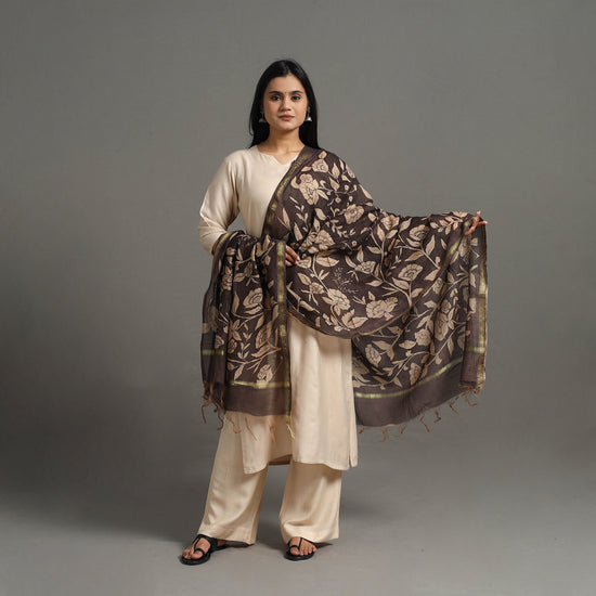 Brown - Srikalahasti Handpainted Chanderi Pen Kalamkari Dupatta 13