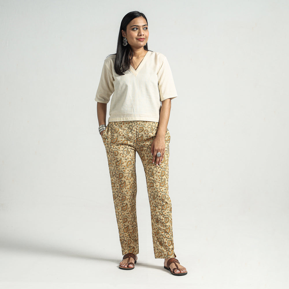 Beige - Kalamkari Block Printed Cotton Elasticated Pant