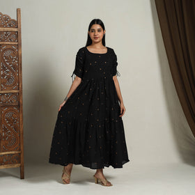Buy Tiered Fit & Flare Cotton Black Jacquard Dress Online