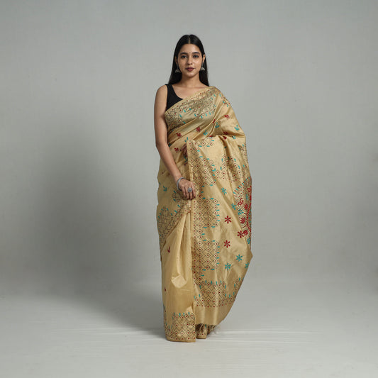 Beige - Handcrafted Bengal Nakshi Kantha Work Silk Saree 25