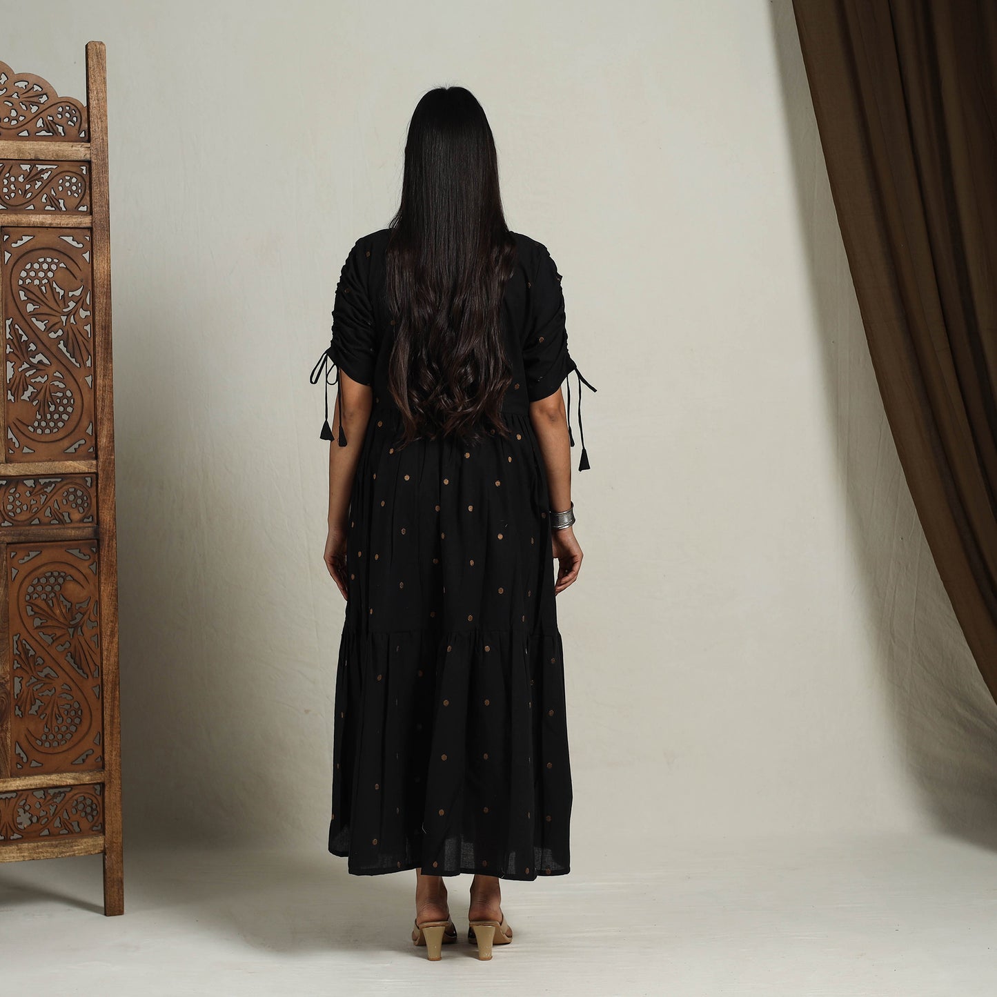 Buy Tiered Fit & Flare Cotton Black Jacquard Dress Online