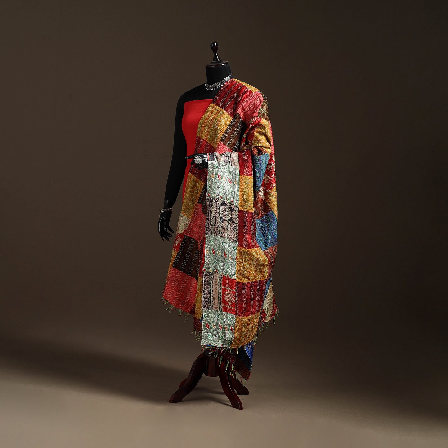 Multicolor - Bengal Hand Embroidery Patchwork Reversible Silk Kantha Dupatta 38