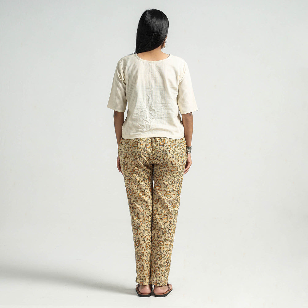 Beige - Kalamkari Block Printed Cotton Elasticated Pant