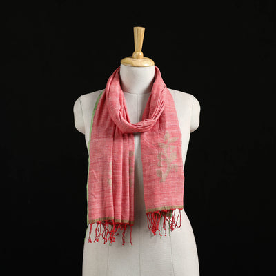 Pink - Burdwan Jamdani Handloom Cotton Stole with Tassels 18
