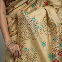 Beige - Handcrafted Bengal Nakshi Kantha Work Silk Saree 25