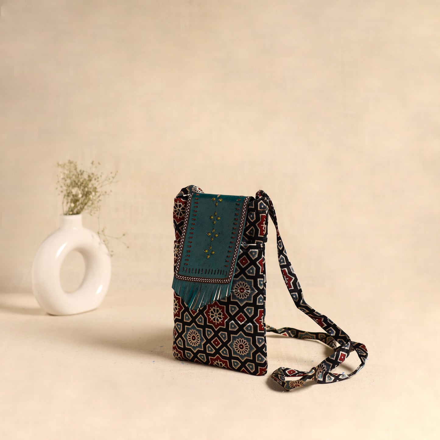 Traditional Kutch Mashru Silk Leather Flap Sling Bag 55
