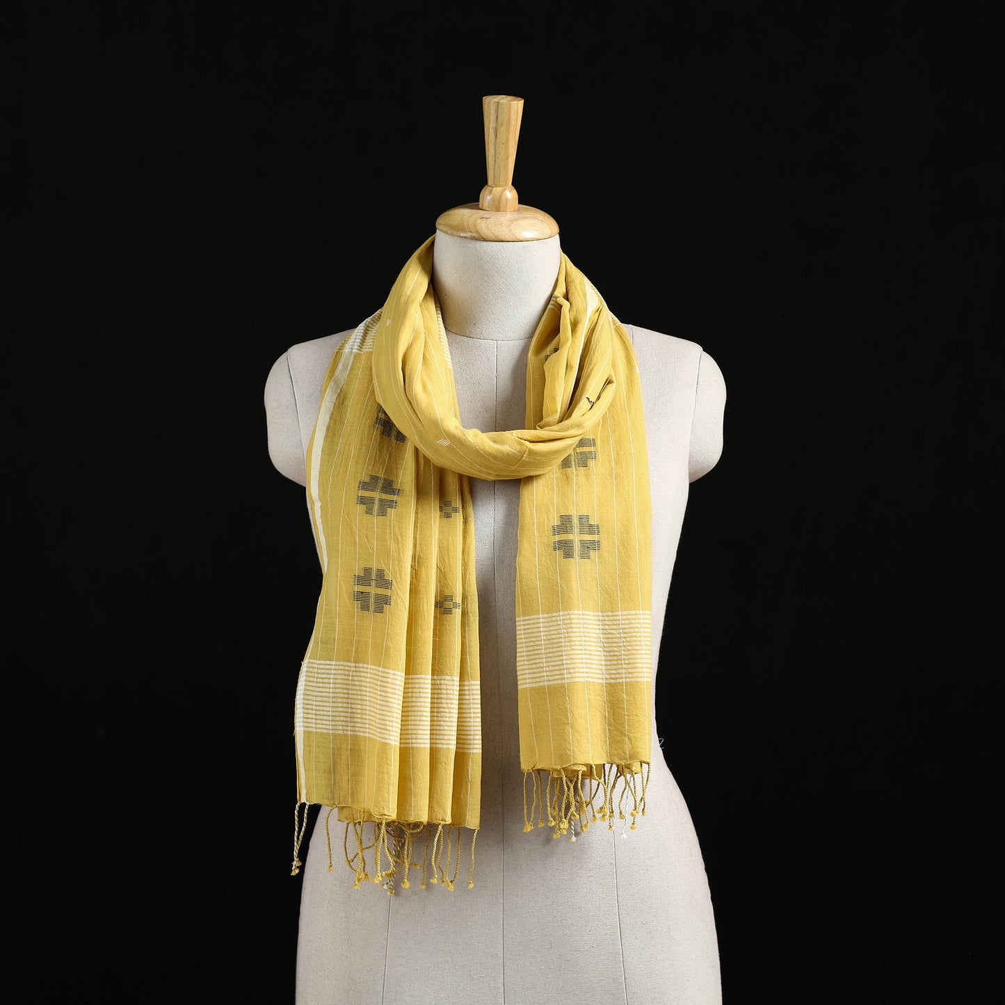 Yellow - Burdwan Jamdani Handloom Cotton Stole with Tassels 19