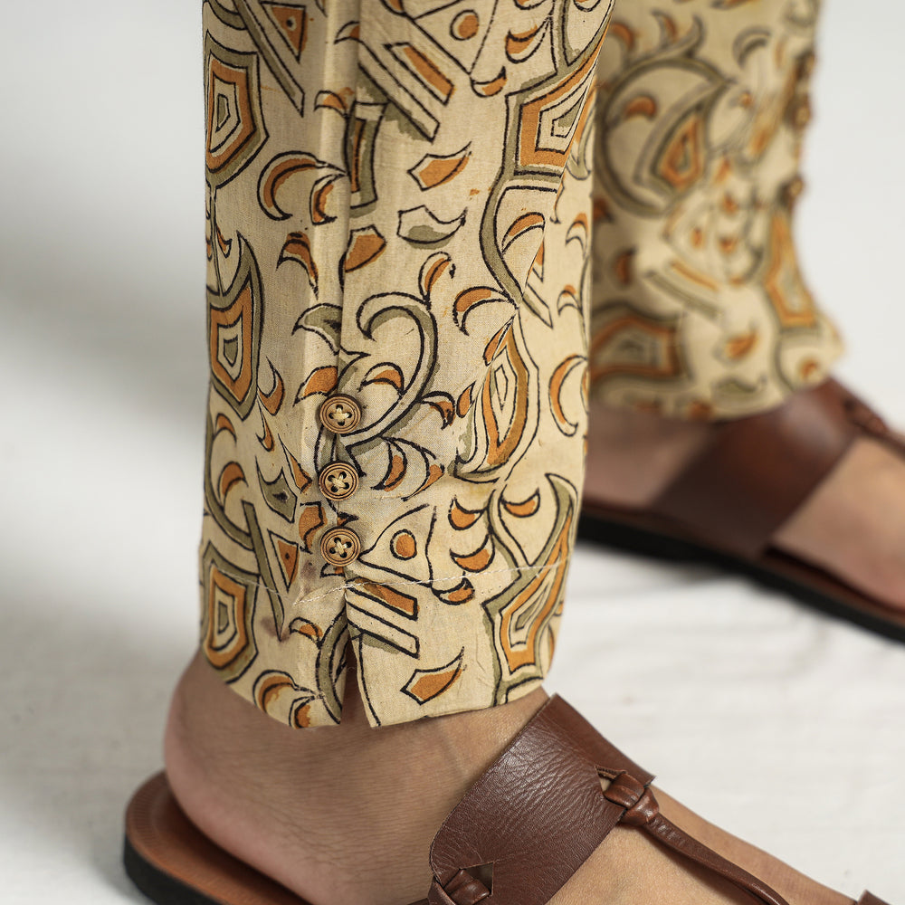 Beige - Kalamkari Block Printed Cotton Elasticated Pant