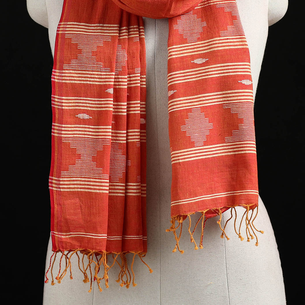 Red - Burdwan Jamdani Handloom Cotton Stole with Tassels 20