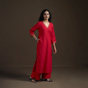 Red - Mangalagiri Pure Handwoven Cotton Mirror Work Straight Long Kurta for women 23