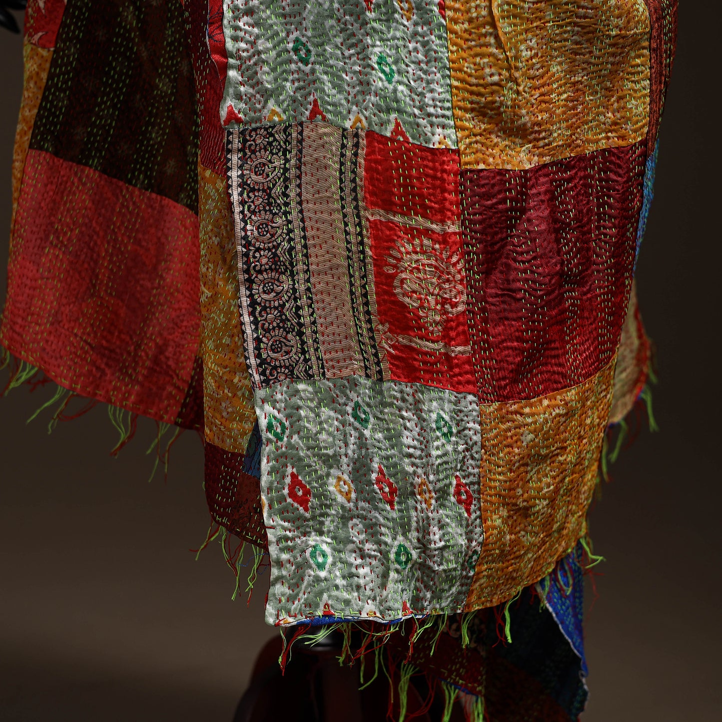 Multicolor - Bengal Hand Embroidery Patchwork Reversible Silk Kantha Dupatta 38