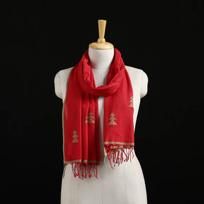 Red - Burdwan Jamdani Handloom Cotton Stole with Tassels 21